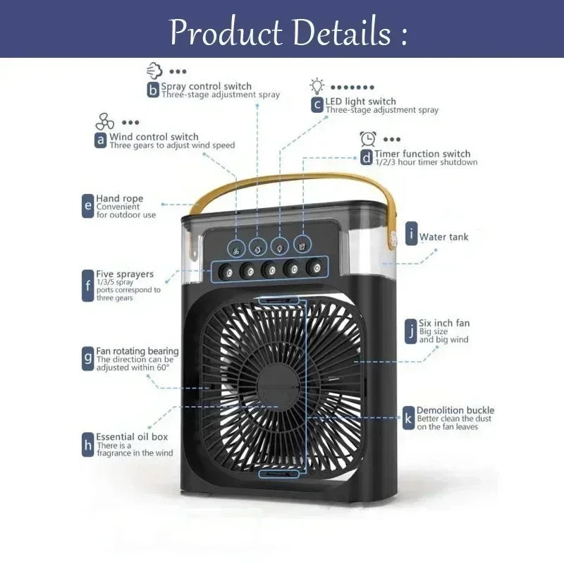 3 In 1 Portable Household Mini Air Cooler Fan with LED Night Light